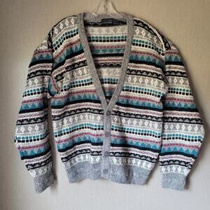Chunky Knit Oversized Cardigan Button Front Sweater Marled Yarn Eclectic Grandpa